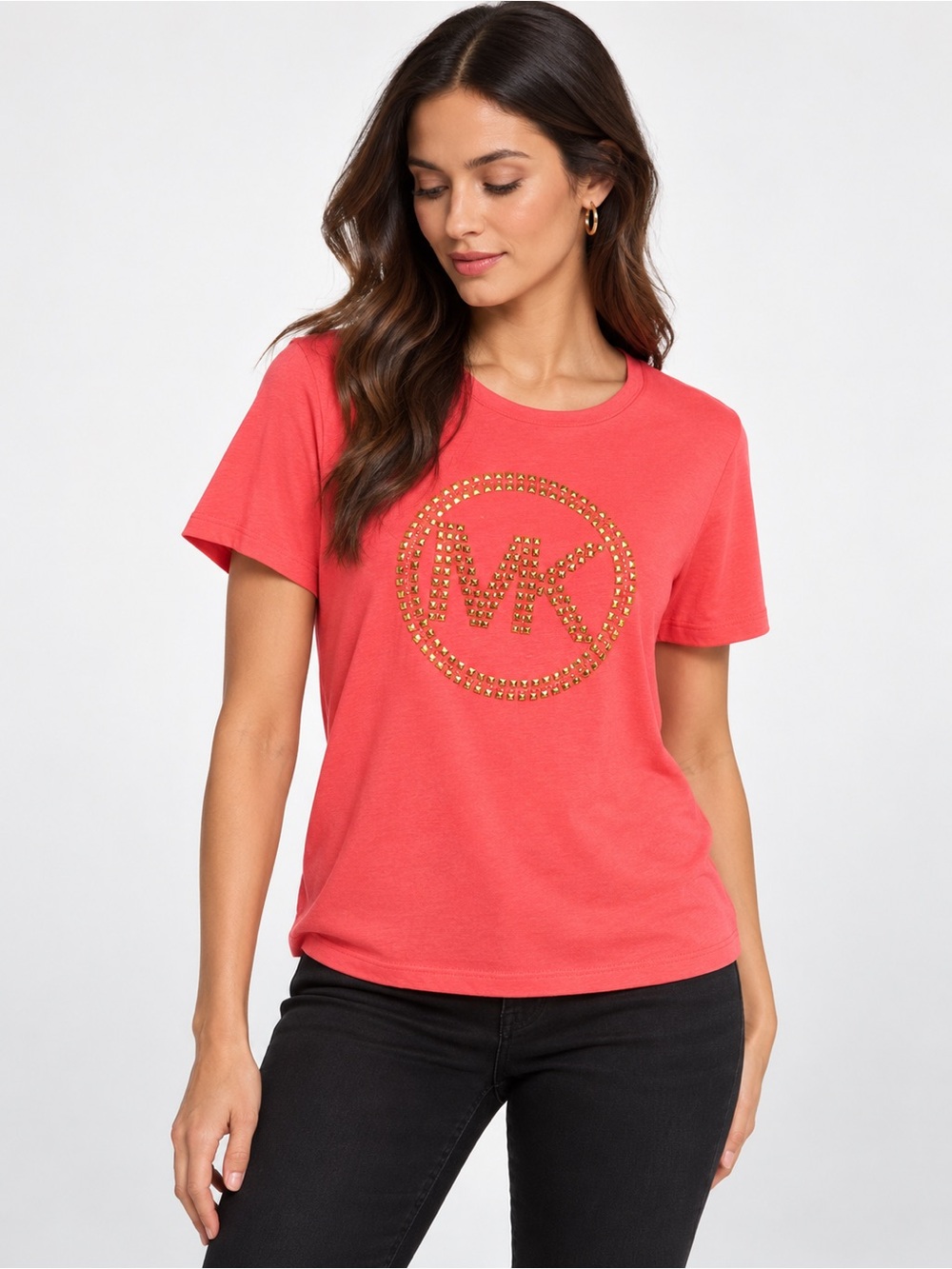Michael Kors Coral  Studded MK Logo T-Shirt Gold Studs